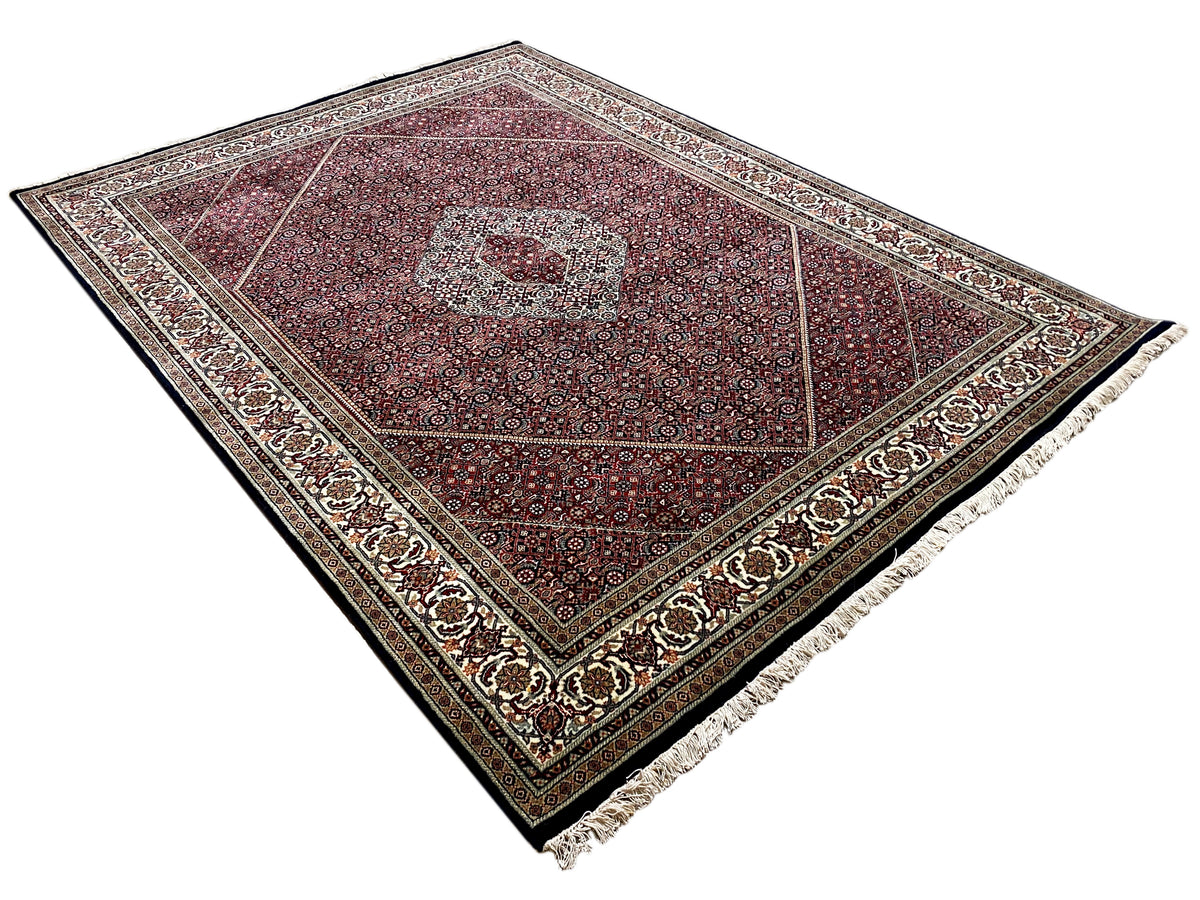 Bidjar rug with red ornamental design, central medallion, border, and fringes