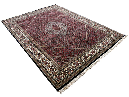 Bidjar rug with red ornamental design, central medallion, border, and fringes