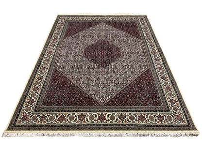 Bidjar carpet: rectangular design, central medallion, dark red and light beige color blocks