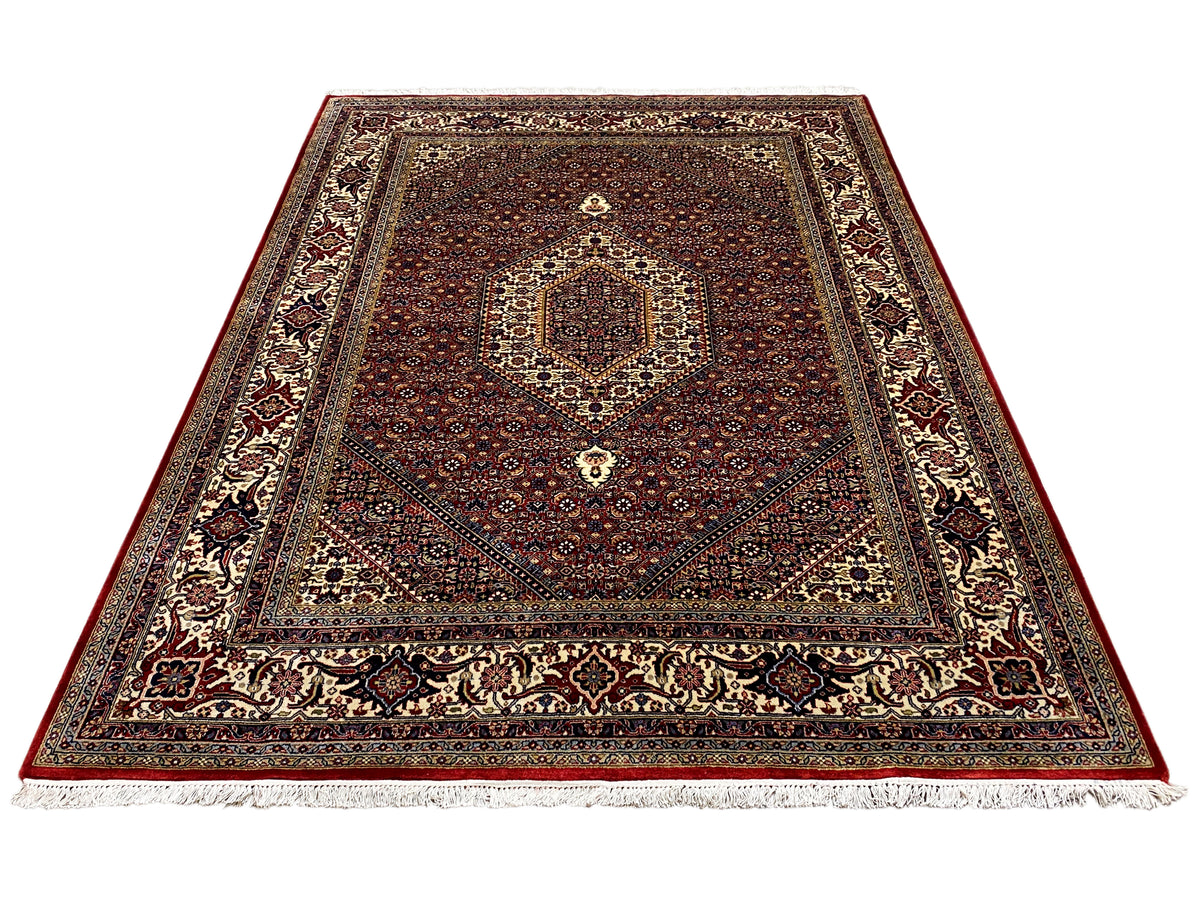 Red Bidjar rug with a central medallion, surrounding ornamental borders, and fringes