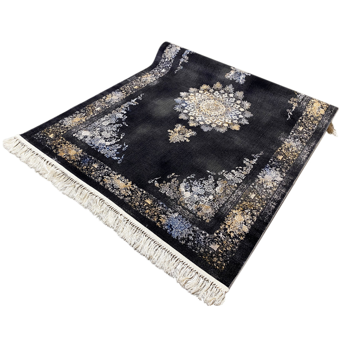 Black rug with geometric patterns in cream, blue, and gold, with fringes