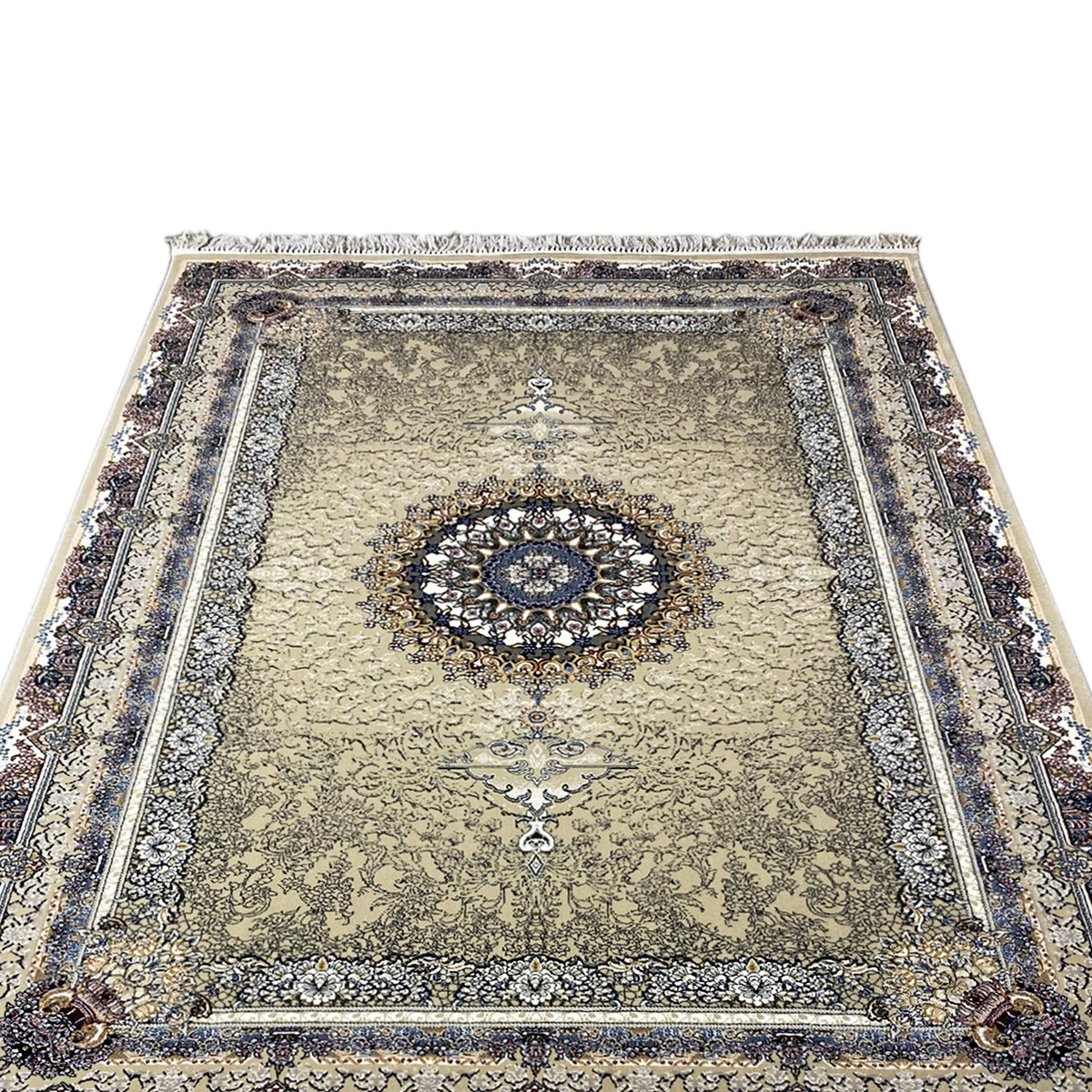 Medallion rug 160x230 with a beige background, blue central medallion and fringes