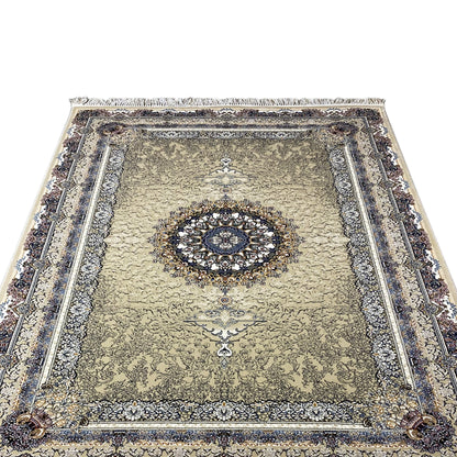 Medallion rug 160x230 with a beige background, blue central medallion and fringes