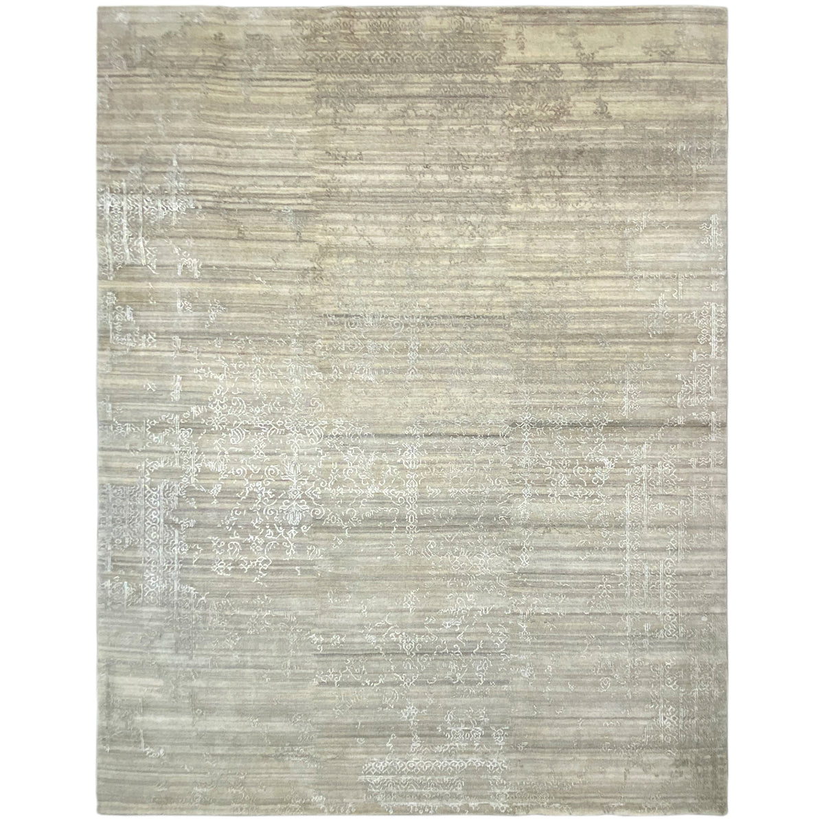 Light beige rug with an all-over, striped distressed look and subtle embossing