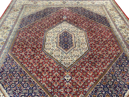 Bidjar carpet viewed from above, central medallion surrounded by red and blue ornamentation