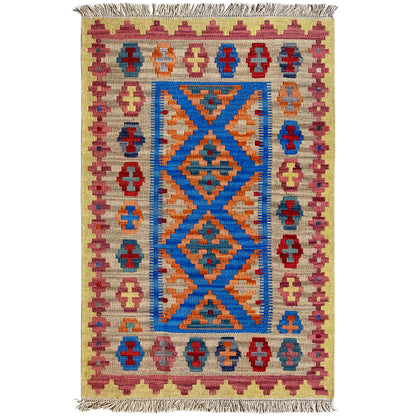 Beige kilim rug with a large blue-orange diamond pattern and crimson border pattern, fringes