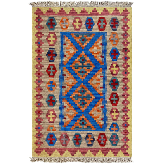 Beige kilim rug with a large blue-orange diamond pattern and crimson border pattern, fringes