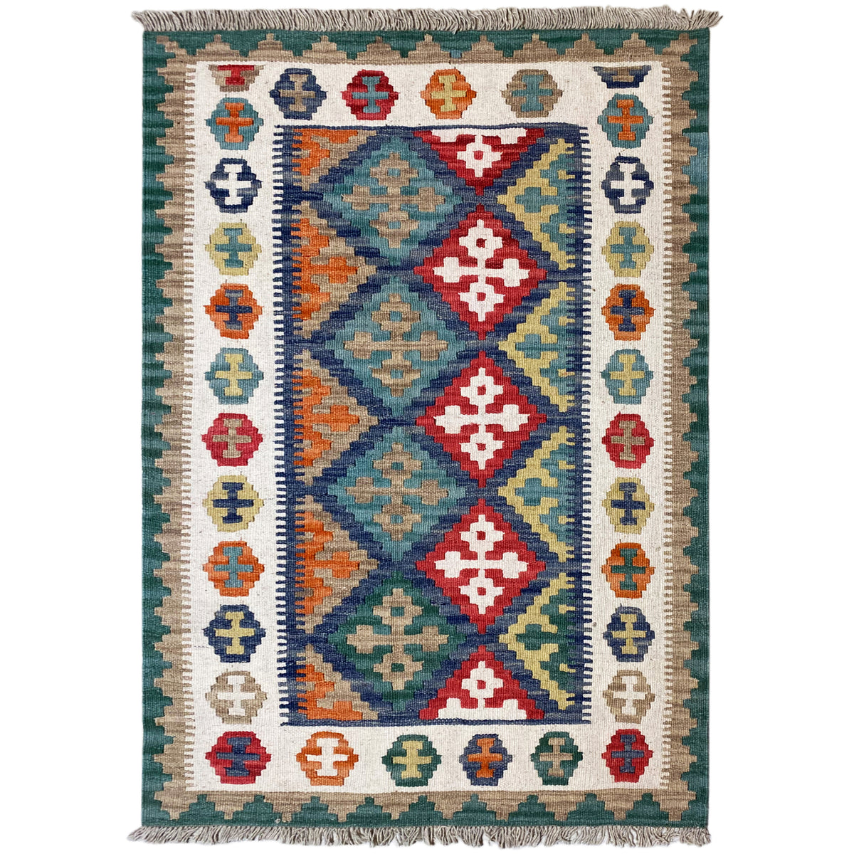 Kilim rug with a wide ornamental border, central diamond field, and fringes