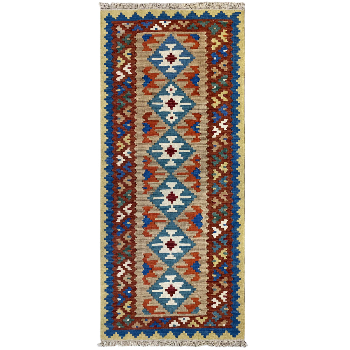 Kilim rug, vertical: symmetrical row of diamonds in blue, red, cream, and green
