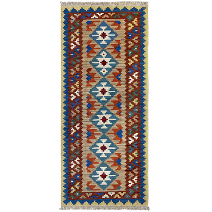 Kilim rug, vertical: symmetrical row of diamonds in blue, red, cream, and green