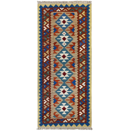 Kilim rug, vertical: symmetrical row of diamonds in blue, red, cream, and green