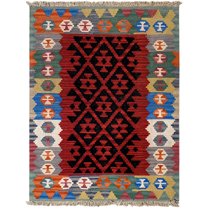 Kilim rug with a broad central black-on-red pattern, decorative stripes, and fringes