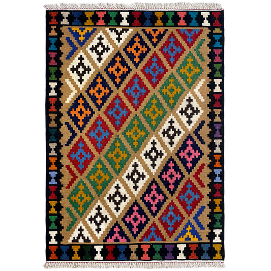 Kilim rug with a diamond and cross pattern in red, blue, green, and yellow, with fringes.