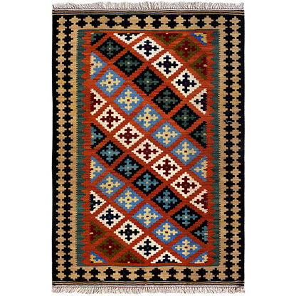 Kilim rug with a colorful diamond lattice pattern and dark border, fringes at the top and bottom