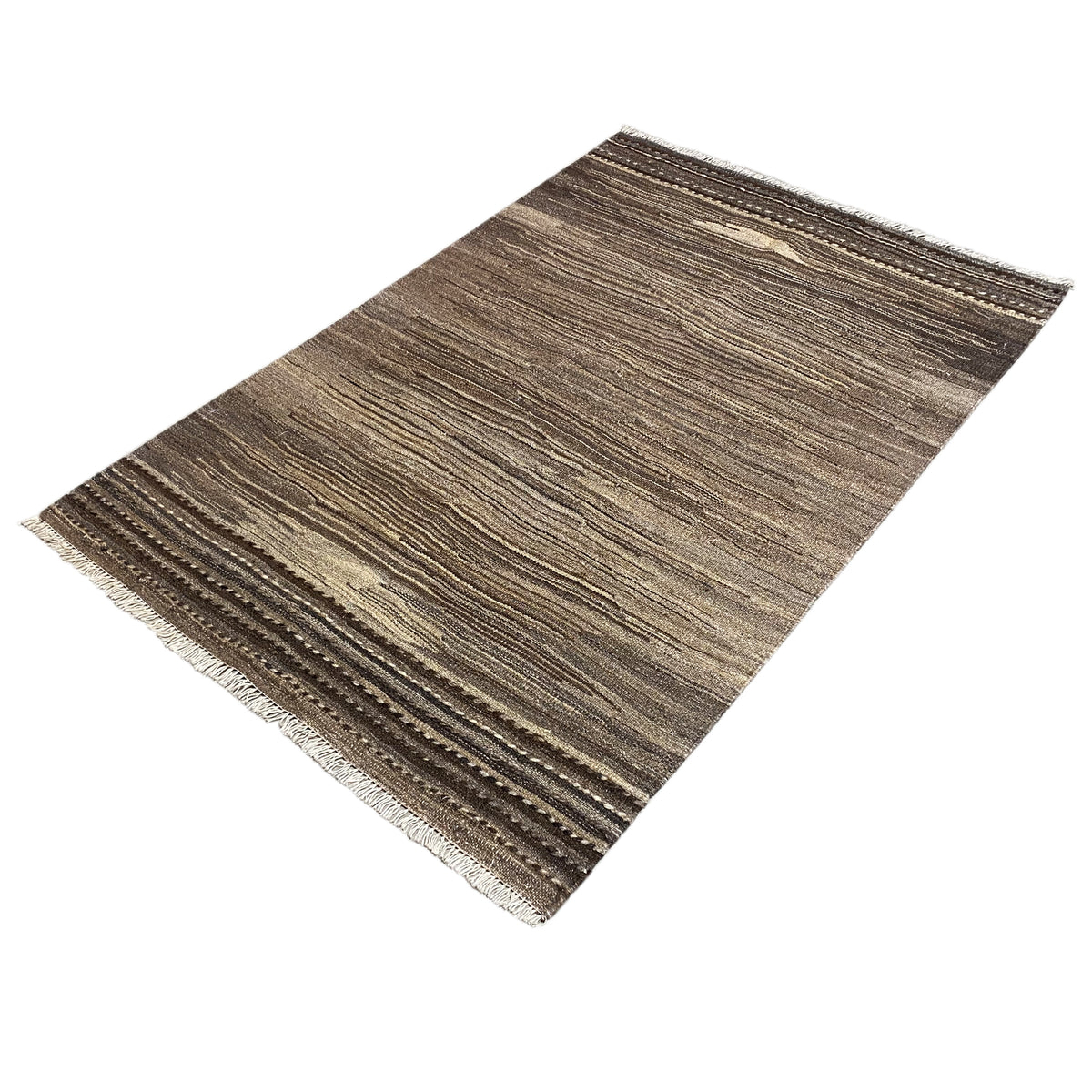 Kelim rug with a brown center stripe and contrasting rows, with fringes