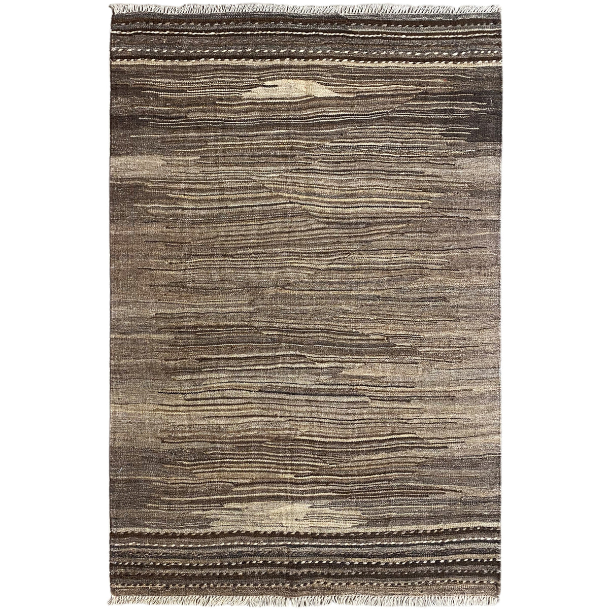 Rectangular kilim rug with a brown-beige striped pattern and fringes