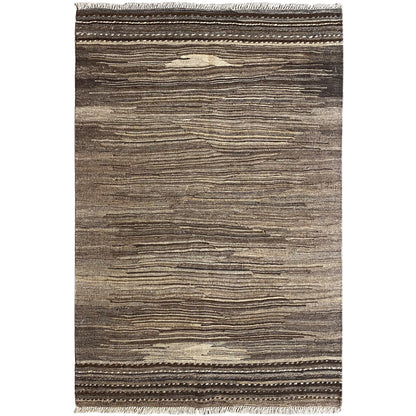 Rectangular kilim rug with a brown-beige striped pattern and fringes