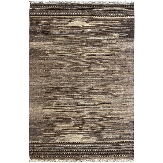 Rectangular kilim rug with a brown-beige striped pattern and fringes