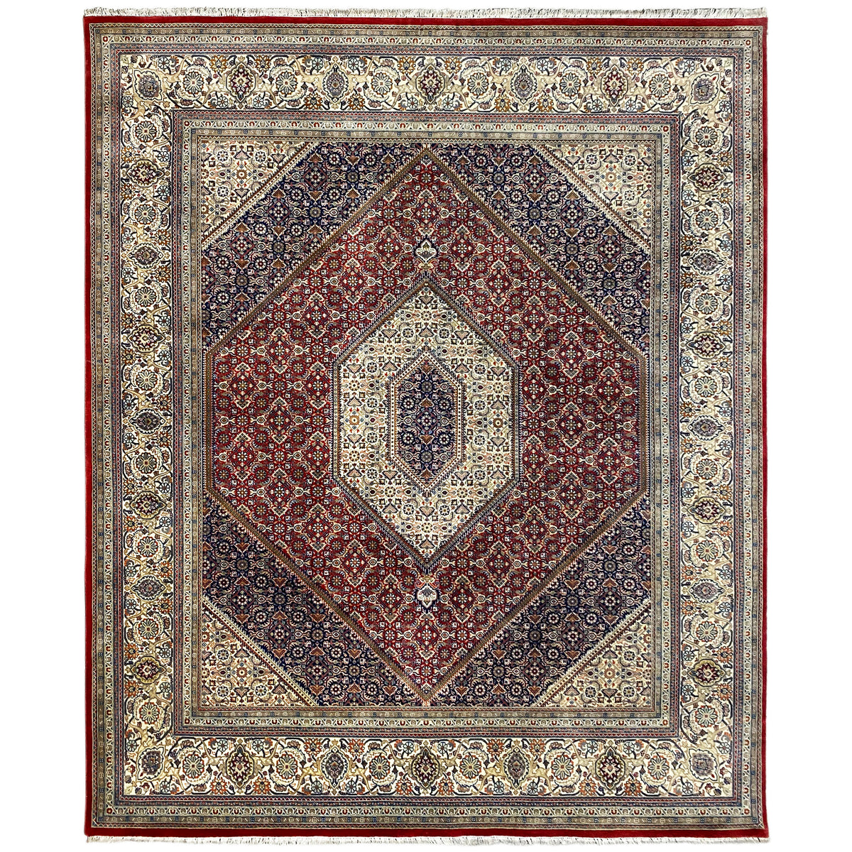 Bidjar carpet with a four-part border and central medallion, red and blue pattern