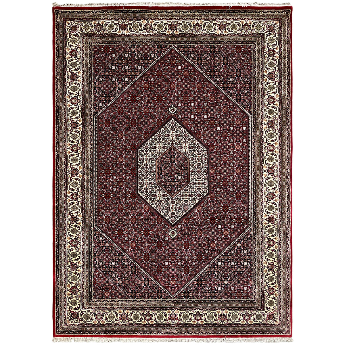 Bidjar rug with red field, beige corner frame, and central medallion