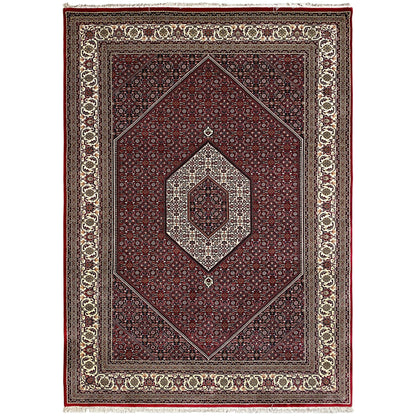 Bidjar rug with red field, beige corner frame, and central medallion