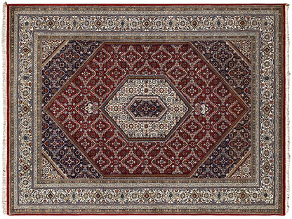 Carpet with a red central medallion, wide border in beige, blue, and dark red