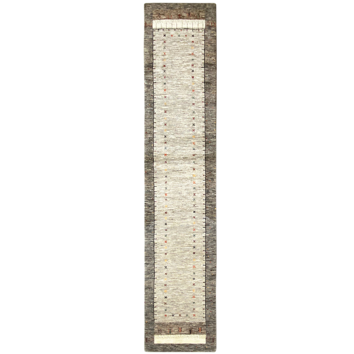 Narrow Gabbeh runner rug viewed from the front, even dotted pattern on a light background