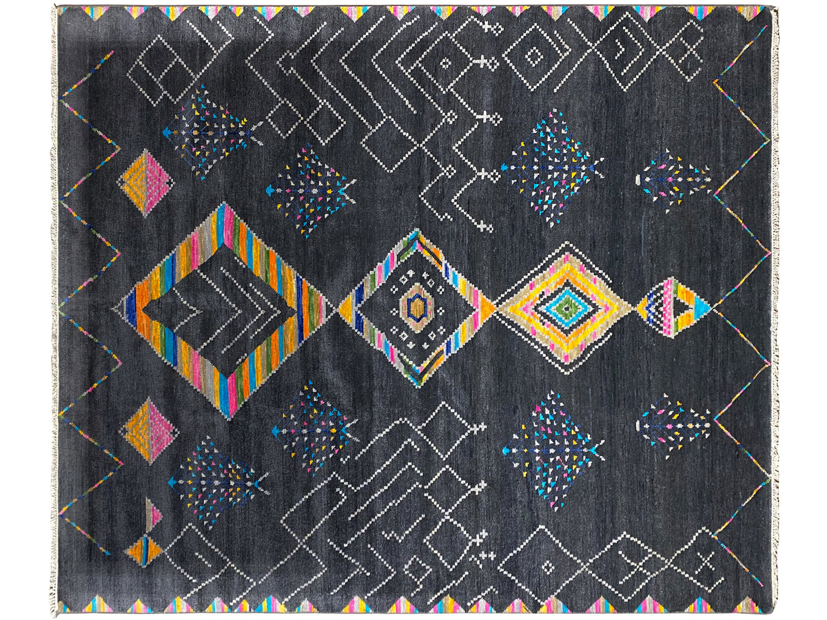 Black designer rug with colorful geometric patterns, flat overall view