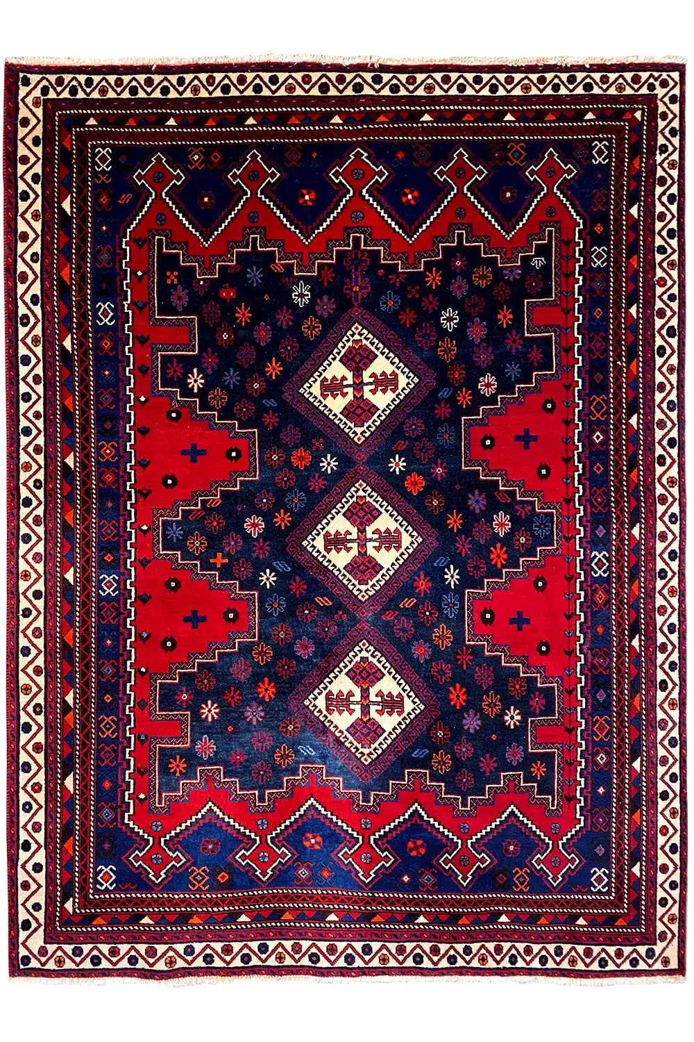 Rug 232x171 cm in dark blue and red with central diamonds and a patterned border