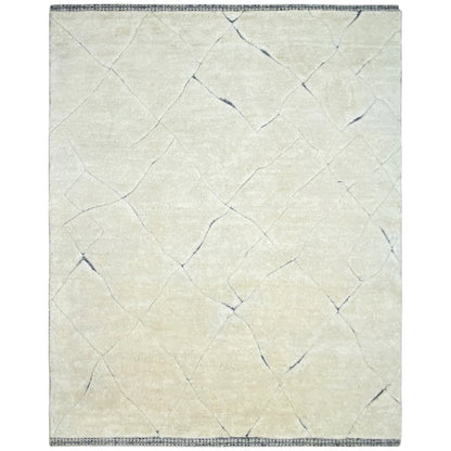 Berber rug with a light cream pile, blue lines, and a square border