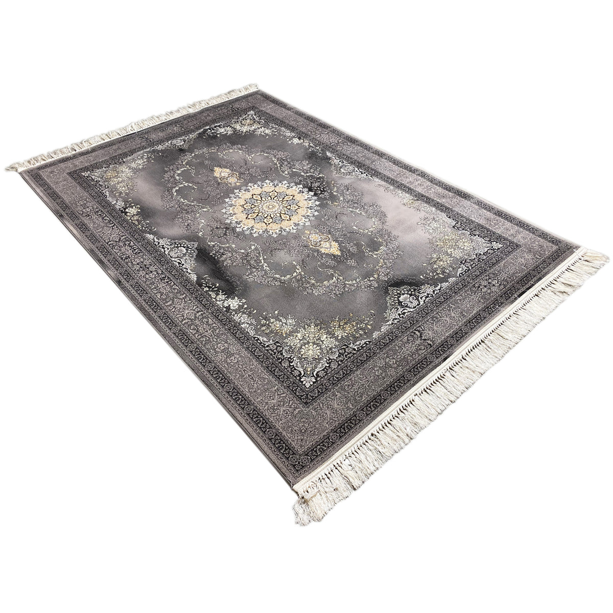 Kashan rug 160x230 cm, triangular perspective: gray ornamental field with fringes