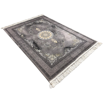 Kashan rug 160x230 cm, triangular perspective: gray ornamental field with fringes