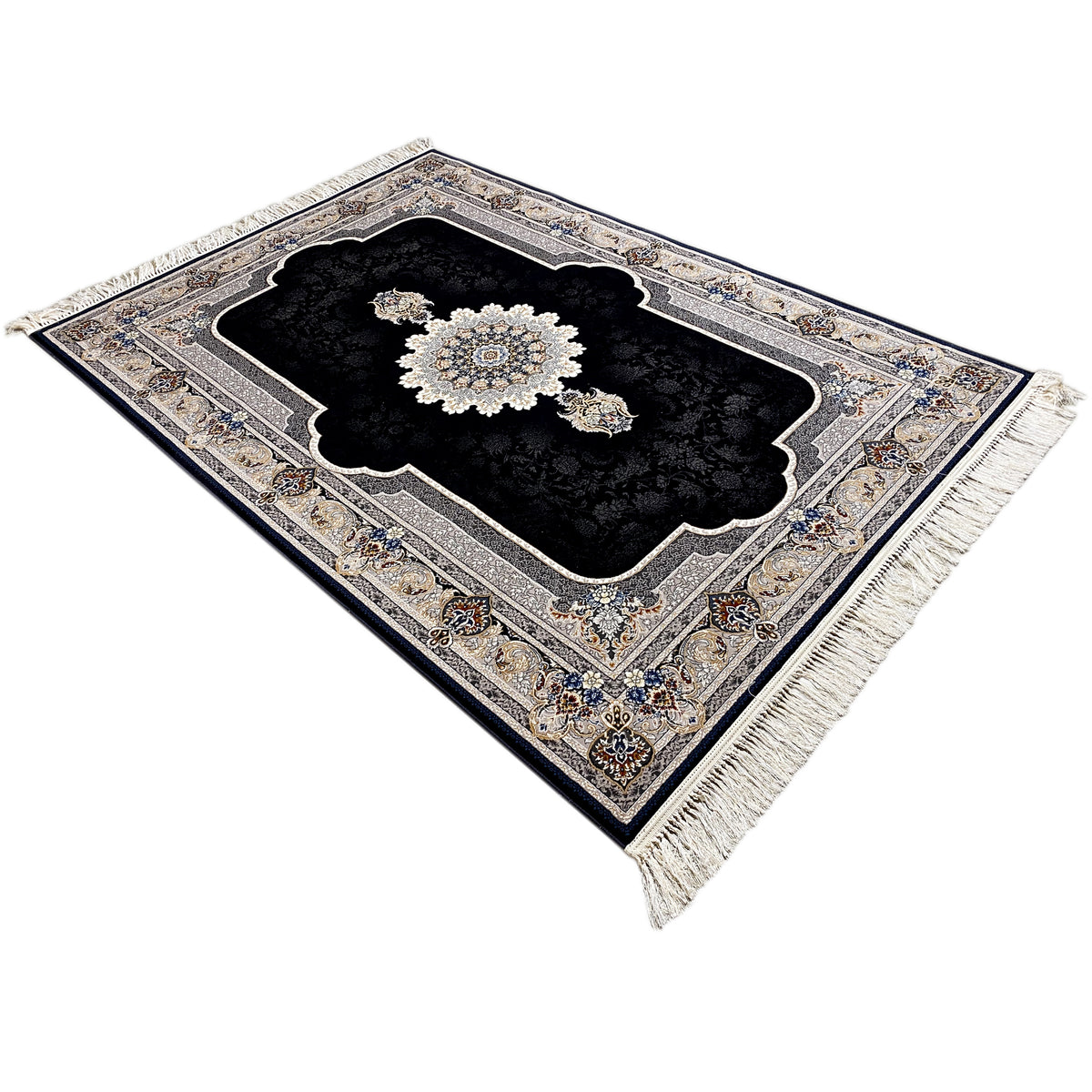 Top view of a rug: black pile, central cream medallion, baroque border ornaments, fringe