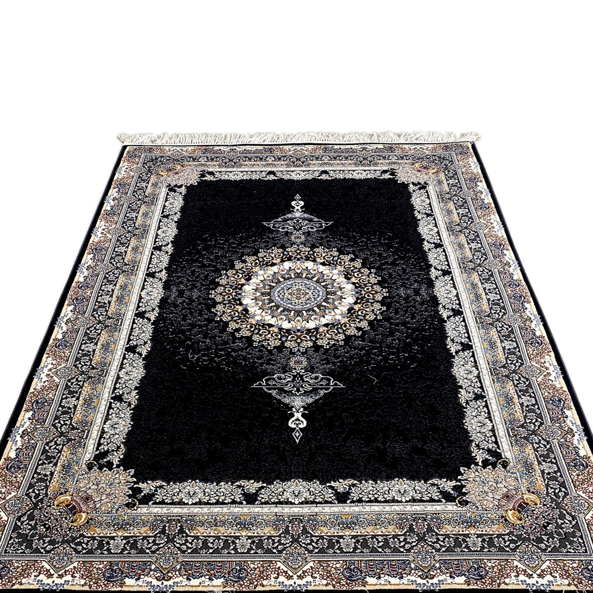 Black rug with an ornate border, central medallion, cross motifs, and fringe