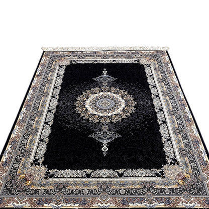 Black rug with an ornate border, central medallion, cross motifs, and fringe
