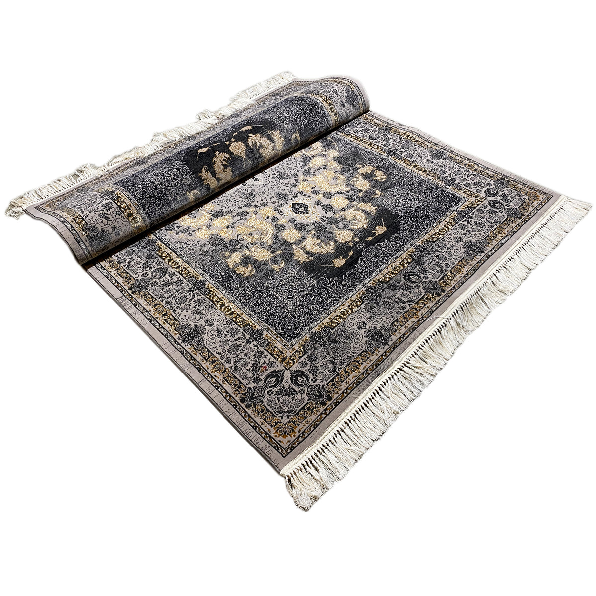 160x230 rug as a rolled mat, dark gray ornamental pattern with fringes