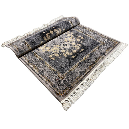 160x230 rug as a rolled mat, dark gray ornamental pattern with fringes