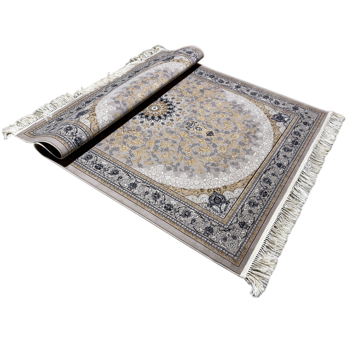 Medallion rug, rolled view; ornamental pattern in gray, gold, and dark blue