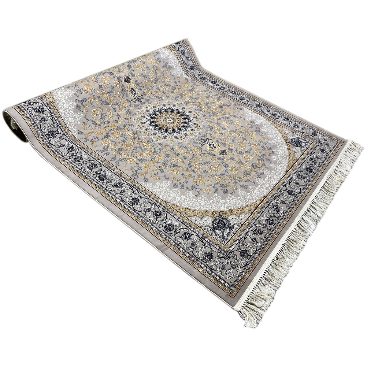 Medallion rug with a rolled-up appearance, fringed edge, gray-and-gold design