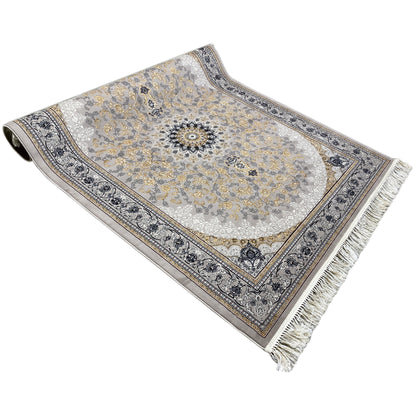 Medallion rug with a rolled-up appearance, fringed edge, gray-and-gold design