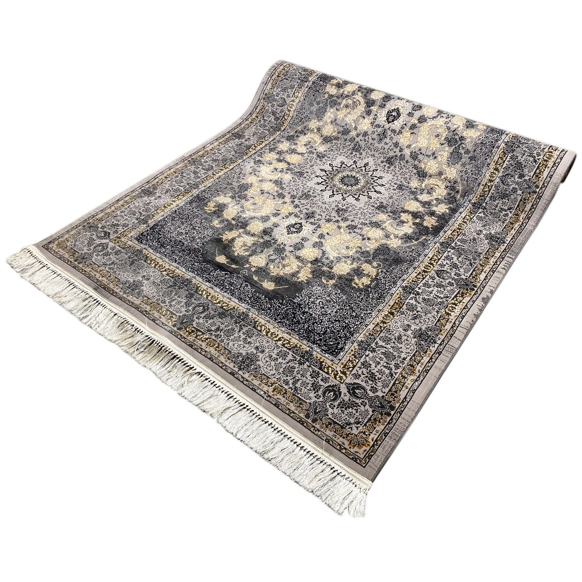 Medallion rug 160x230 angled, dark gray and golden beige pattern, embroidered border, fringes