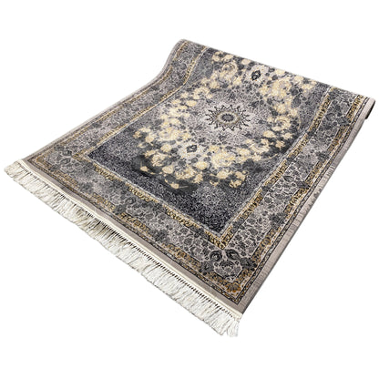 Medallion rug 160x230 angled, dark gray and golden beige pattern, embroidered border, fringes