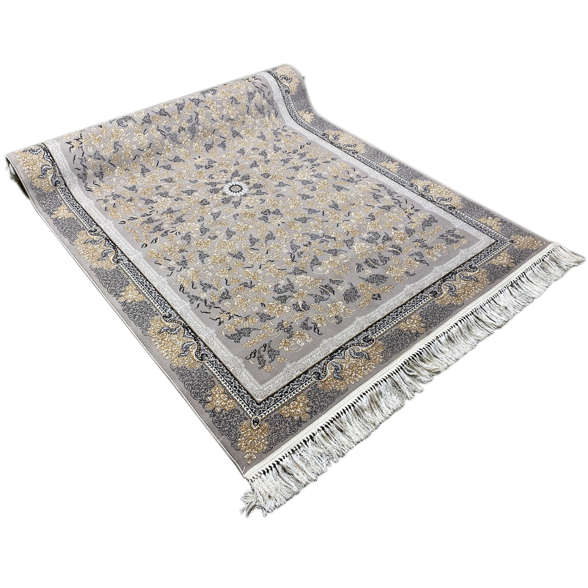 Rug laid flat, taupe ground with gold-colored floral decoration, dark border and fringes