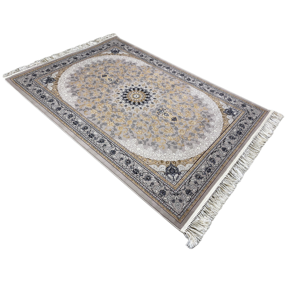 Rectangular rug with medallion and border, gray-gold and dark blue ornaments