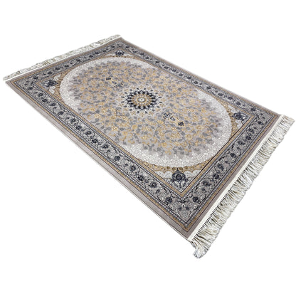 Rectangular rug with medallion and border, gray-gold and dark blue ornaments
