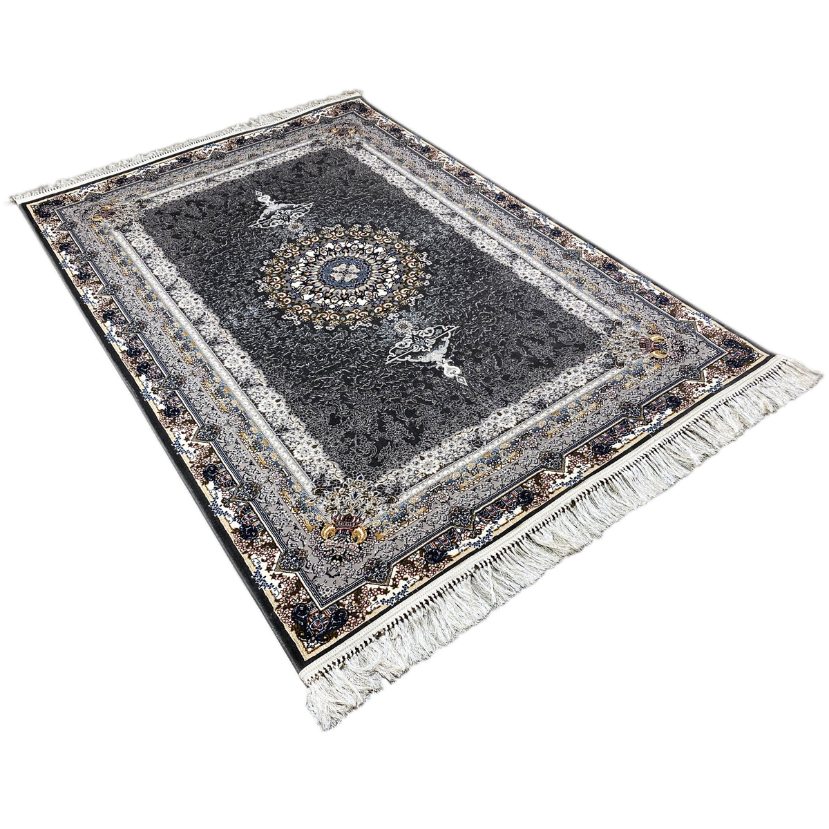 Black Oriental rug with decorative borders, fringes at the corners, and a medallion motif