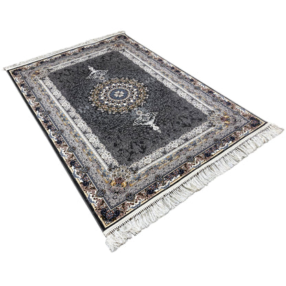 Black Oriental rug with decorative borders, fringes at the corners, and a medallion motif