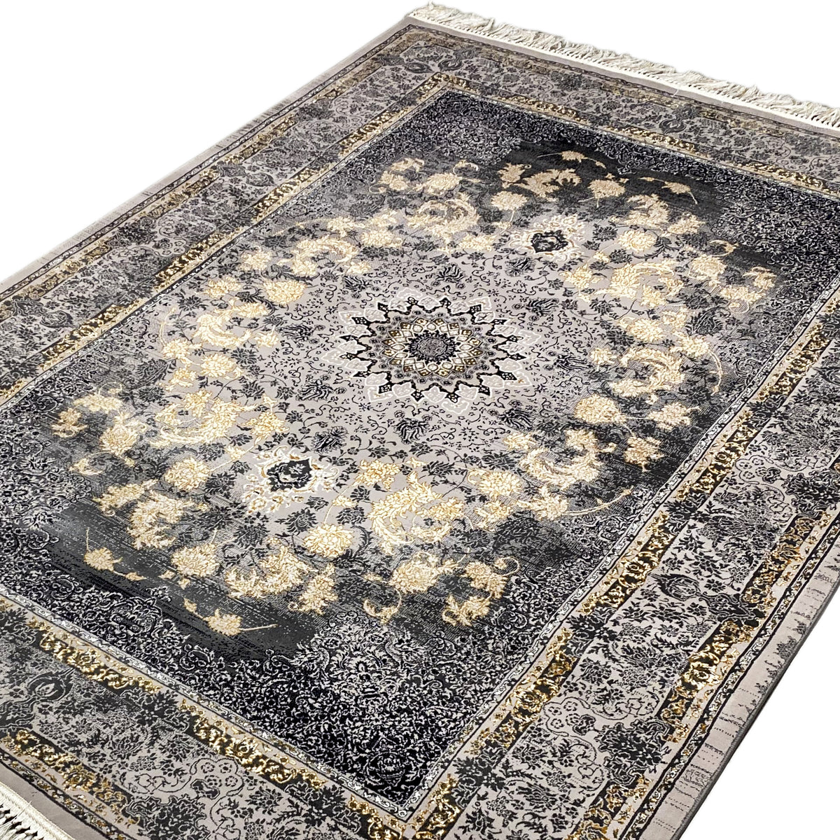 Close-up of 160x230 medallion rug: central star pattern, dark gray, gold-beige ornaments