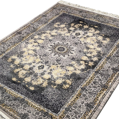 Close-up of 160x230 medallion rug: central star pattern, dark gray, gold-beige ornaments