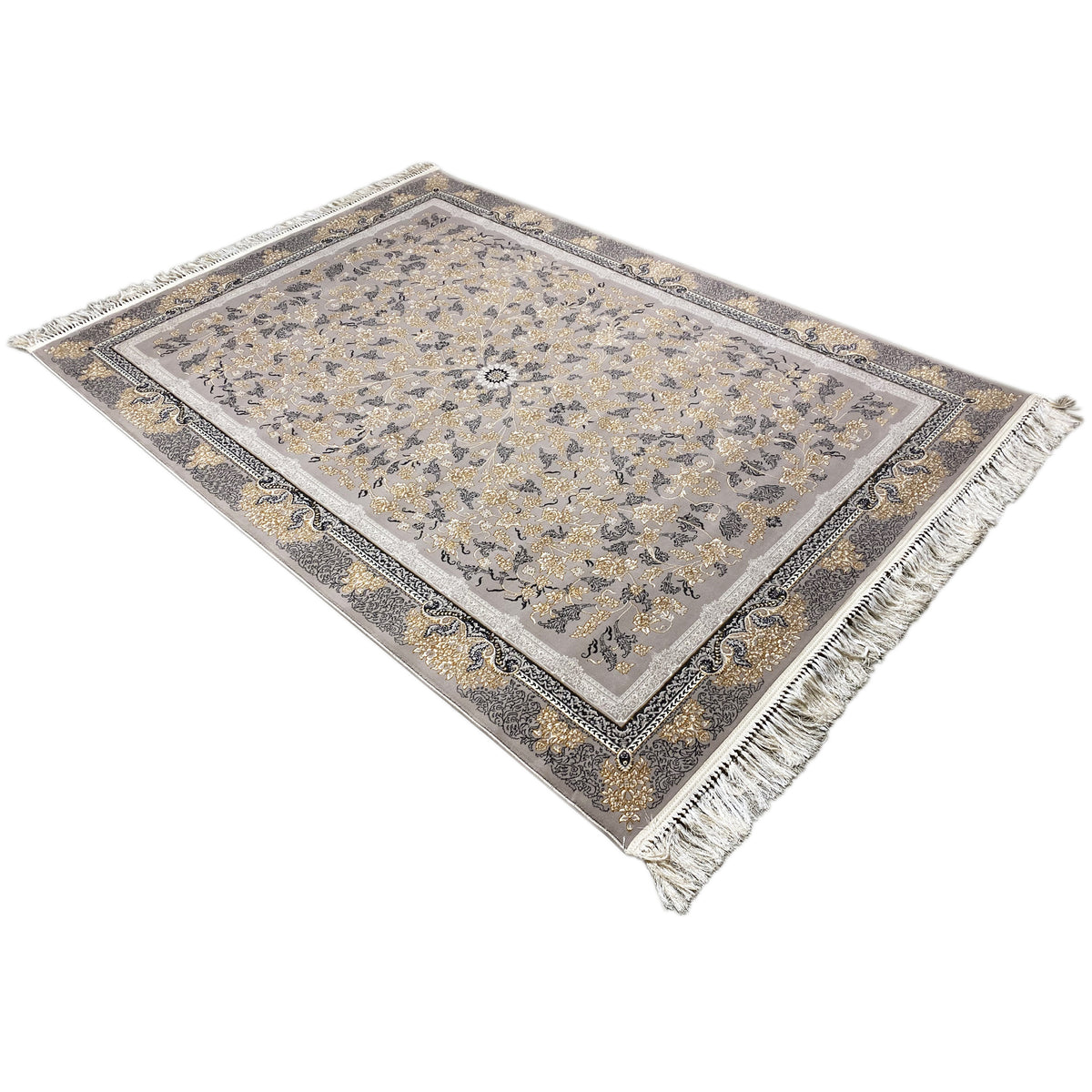 Rug appearing square in a three-quarter view, medallion pattern in gray and gold, with fringes